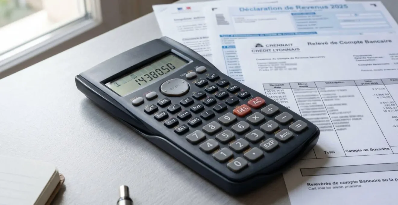 Calculatrice et documents administratifs français sur un bureau moderne, préparation calculs fiscaux assurance vie