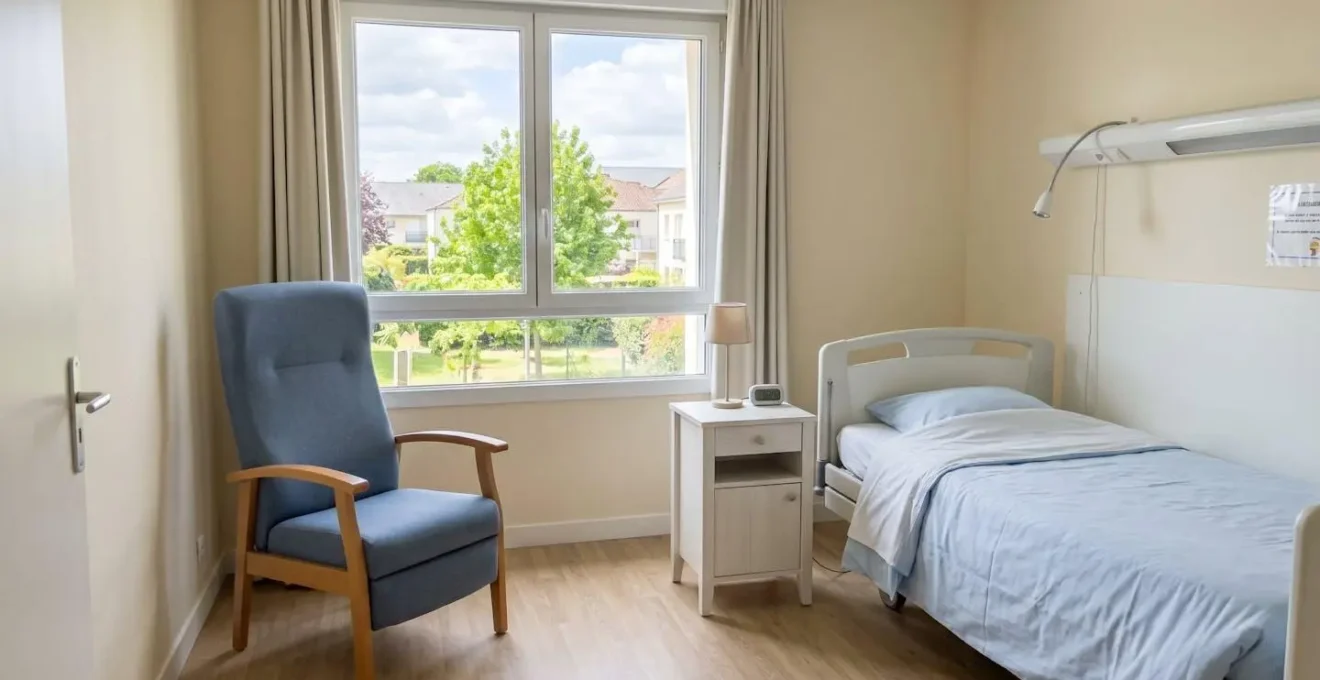 Chambre médicalisée moderne dans un EHPAD français, avec fauteuil ergonomique et grande fenêtre offrant lumière naturelle