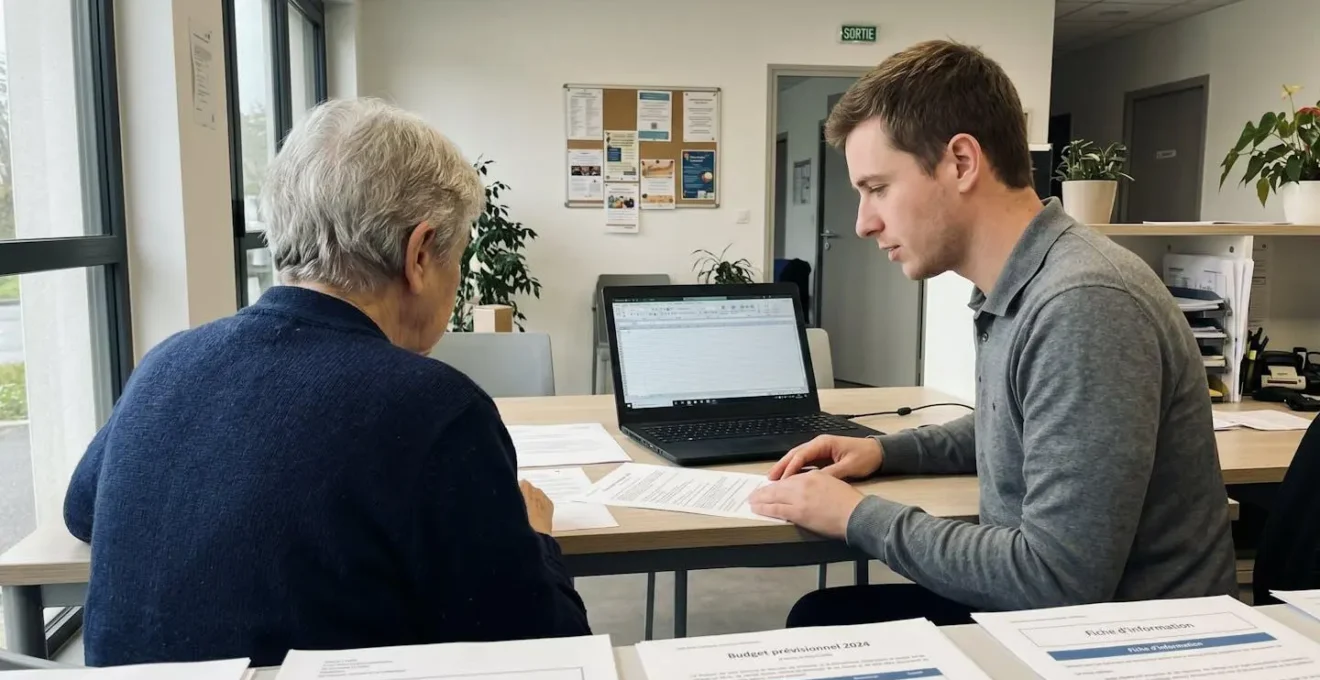 Une personne âgée et un proche consultent ensemble des relevés bancaires et documents d'assurance vie sur une table, lumière naturelle