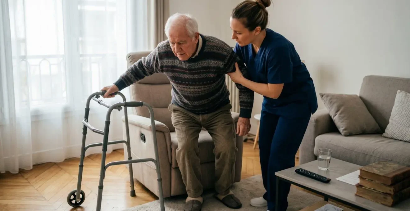 Aide-soignante soutenant un homme âgé pour se lever d'un fauteuil avec l'aide d'un déambulateur, illustrant un acte de la vie quotidienne évalué dans la grille AGGIR