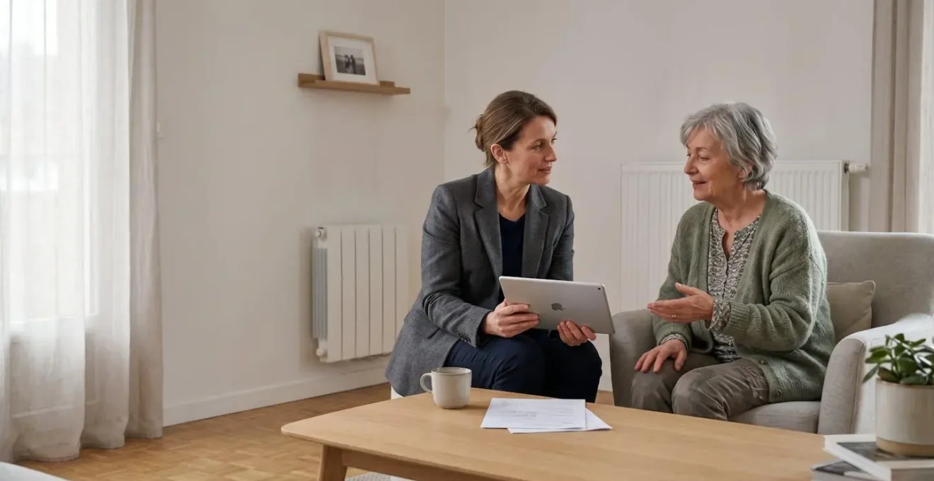 Évaluateur médical consultant une tablette avec une femme senior assise dans son salon, dans le cadre d'une évaluation AGGIR à domicile pour déterminer le niveau de dépendance