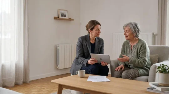 Évaluateur médical consultant une tablette avec une femme senior assise dans son salon, dans le cadre d'une évaluation AGGIR à domicile pour déterminer le niveau de dépendance