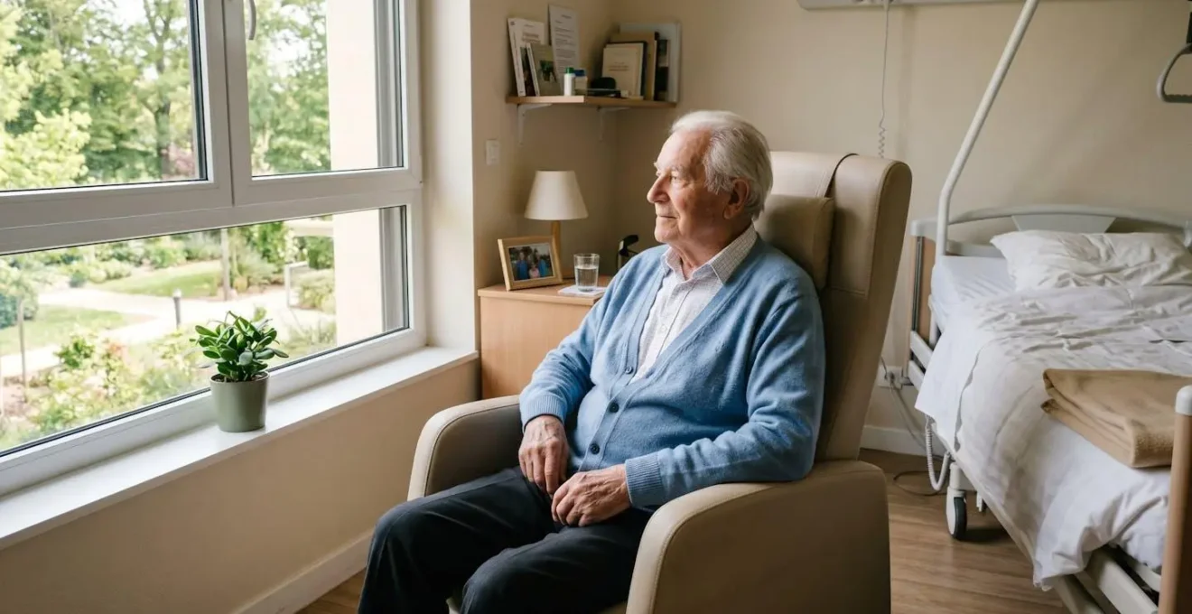 Homme senior assis près de la fenêtre dans sa chambre individuelle d'EHPAD français contemporain, regardant le jardin avec sérénité