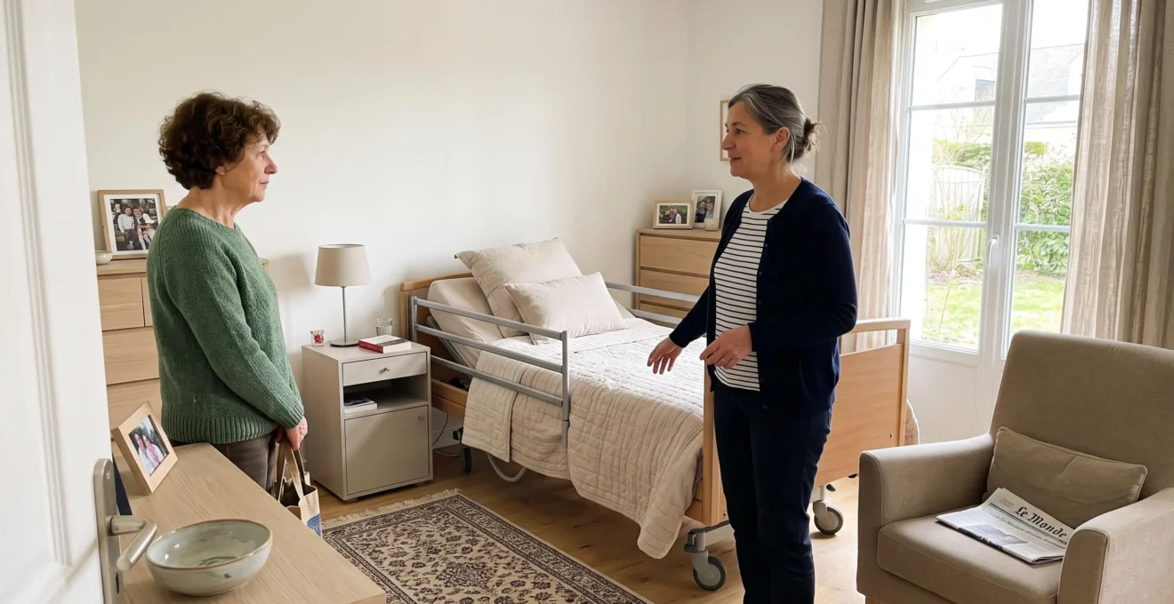 Accueillante familiale présentant une chambre aménagée avec lit médicalisé à une famille en visite