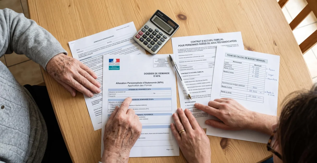 Mains de senior et aidant consultant ensemble des formulaires APA et contrat d'accueil familial sur une table