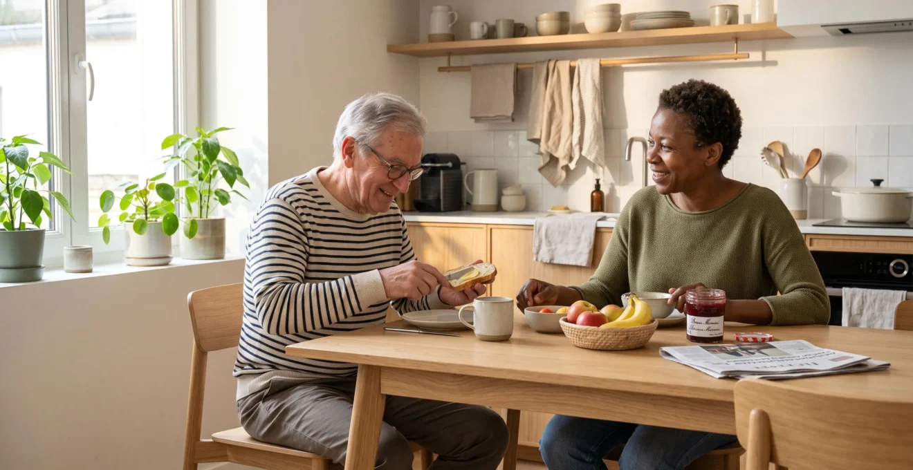 Senior et accueillante familiale partageant un petit-déjeuner dans une cuisine lumineuse de maison individuelle française