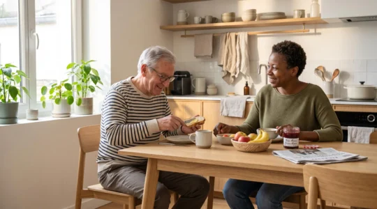 Senior et accueillante familiale partageant un petit-déjeuner dans une cuisine lumineuse de maison individuelle française
