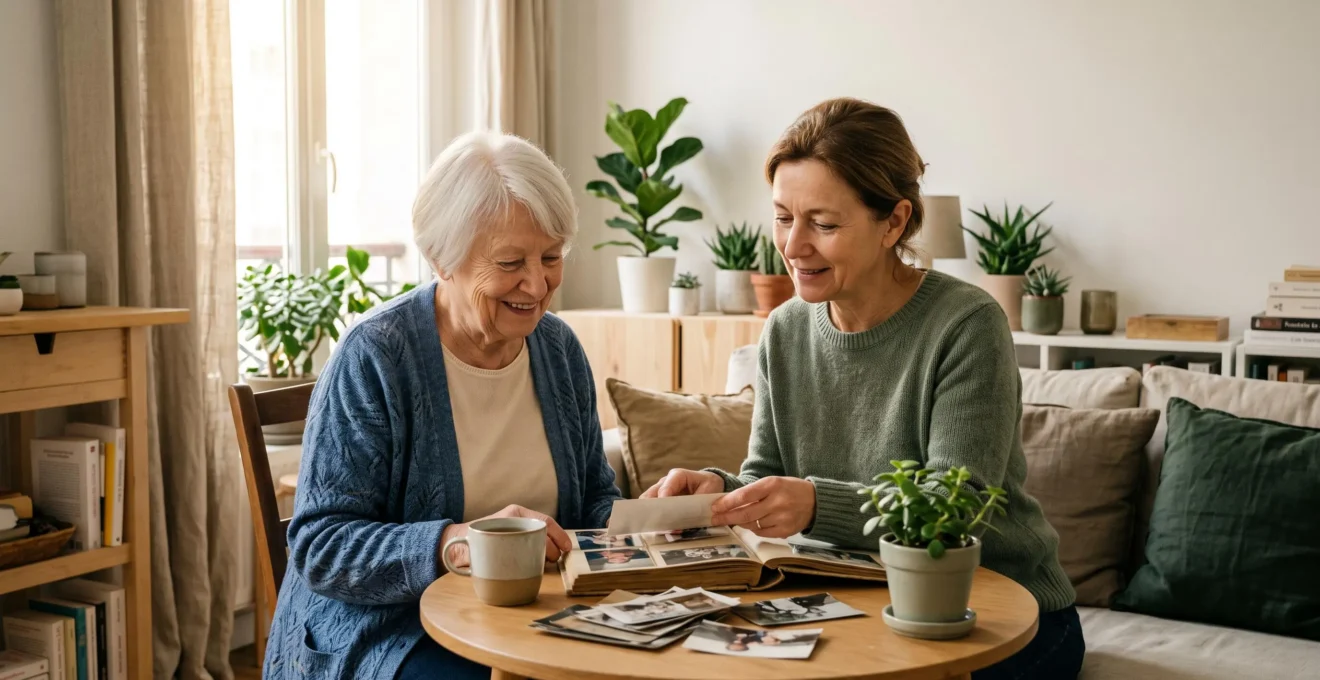 Senior et accueillante familiale partageant un jeu de société dans un salon lumineux