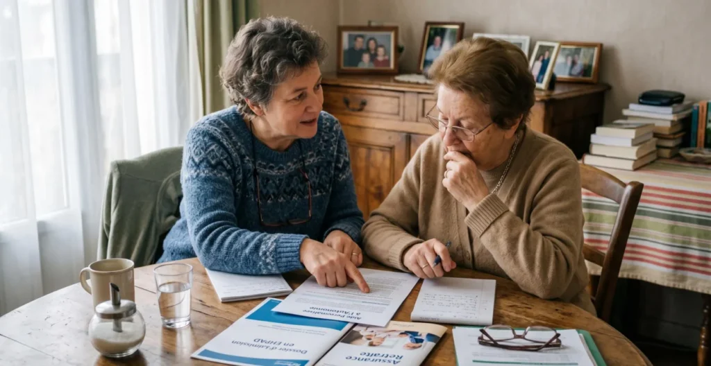 Une fille adulte accompagne sa mère senior en consultant ensemble des documents à la table familiale. Une fille adulte accompagne sa mère senior en consultant ensemble des documents à la table familiale.