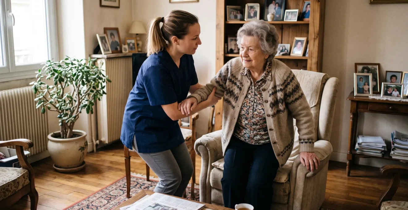 Une aide à domicile professionnelle accompagne une personne âgée pour se lever de son fauteuil dans son salon.