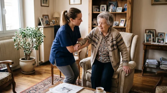 Une aide à domicile professionnelle accompagne une personne âgée pour se lever de son fauteuil dans son salon.