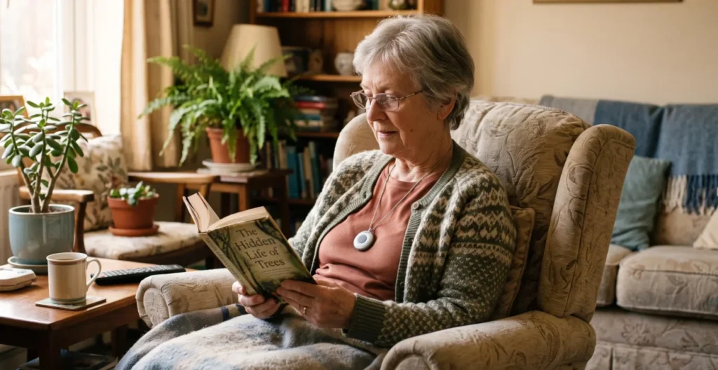 Une femme senior lit tranquillement chez elle en portant un discret dispositif de téléassistance. Une femme senior lit tranquillement chez elle en portant un discret dispositif de téléassistance.